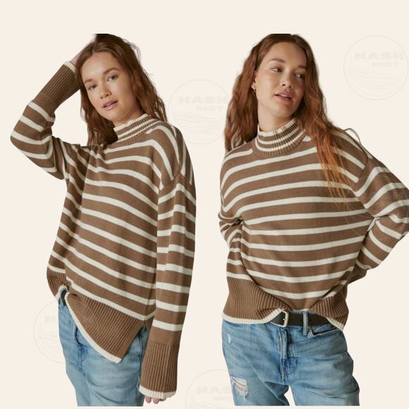 Lucky Brand Oversized Cashmere Cotton Blend Sweater | Chocolate Stripe NWOT XS - Picture 2 of 10